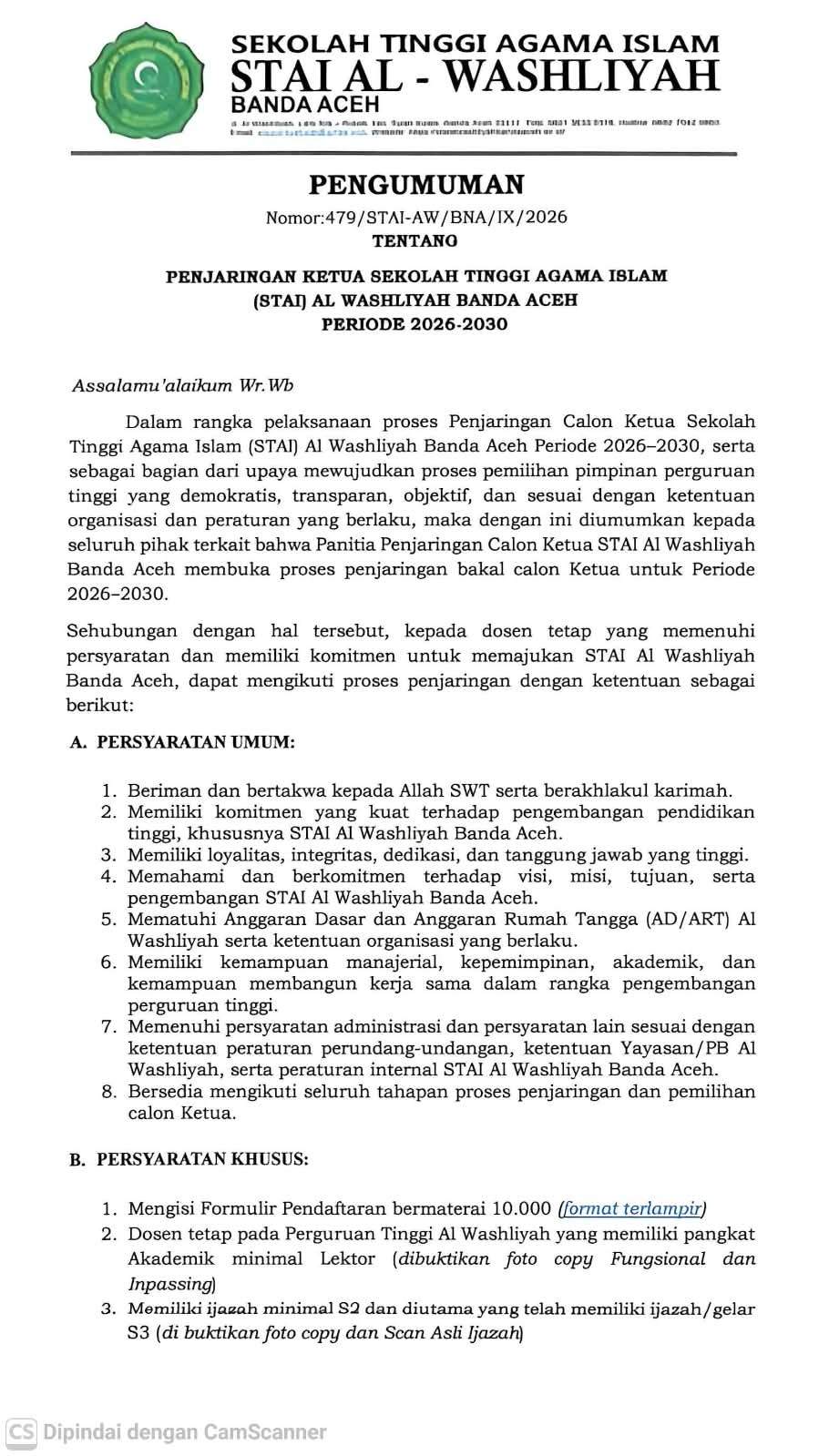 Pengumuman Penjaringan Ketua STAI Al Washliyah Banda Aceh Periode 2026-2030